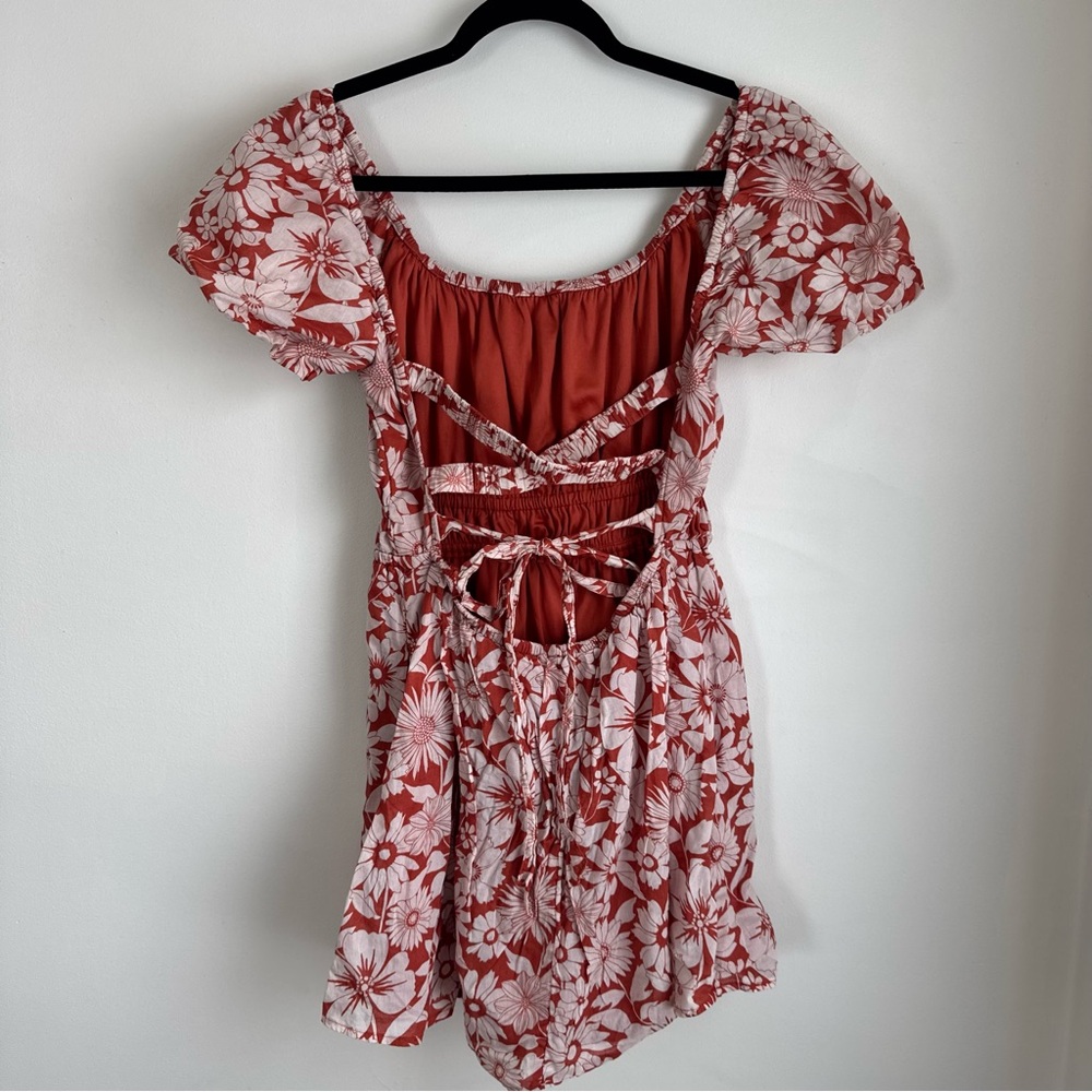 American Eagle Outfitters Rust Red and White Floral Tie-Back Mini Dress